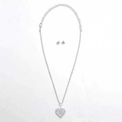 [2点SET]シャイニーハートモチーフビジューネックレス＆ピアスセット(シルバー-ネックレス)
