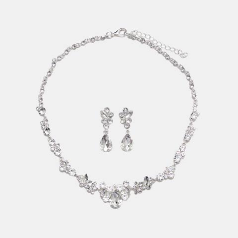 [2点SET]ゴージャスドロップビジューシルバーネックレス&ピアスセット(シルバー-2点SET)