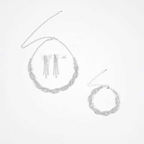 12/1新作![3点SET]ツイストラインストーンネックレス＆ブレスレット＆ピアスセット(シルバー-フリーサイズ)