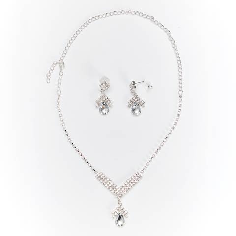 12/26新作![2点SET]ドロップビジューVラインネックレス＆ピアスセット[店内アクセ](シルバー-フリーサイズ)