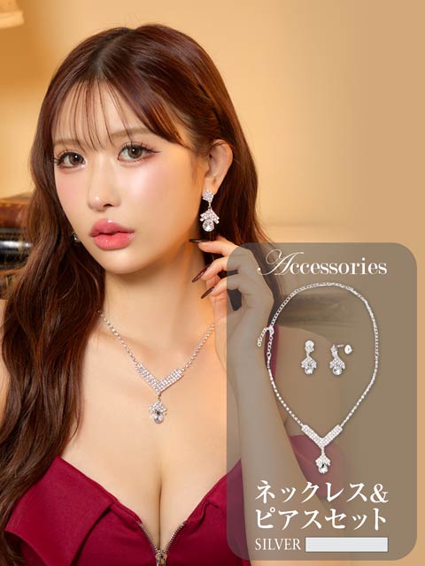 12/26新作![2点SET]ドロップビジューVラインネックレス＆ピアスセット[店内アクセ]