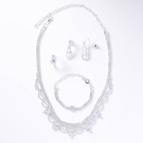 8/11新作![4点SET]アーチドロップラインビジューネックレス＆ブレスレット＆リング＆ピアスセット(シルバー-フリーサイズ)