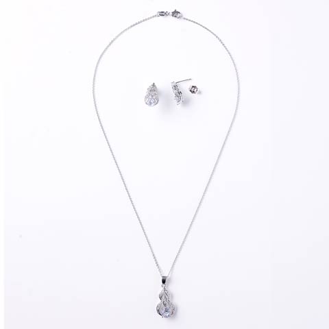 7/14新作![2点SET]リーフドロップビジューネックレス＆ピアスセット(シルバー-2点SET)