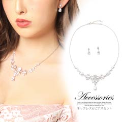 [2点SET]プチフラワードロップモチーフビジューネックレス&ピアスセット