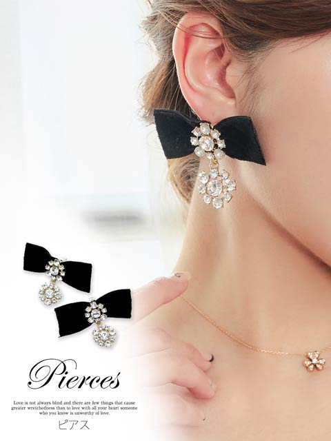 クリスタルビジューベロアリボンピアス