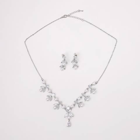 [2点SET]エレガントパールリーフビジューネックレス&ピアスセット(シルバー-フリーサイズ)