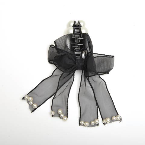 チュールリボンパールクリップヘアアクセサリー(ブラック-フリーサイズ)