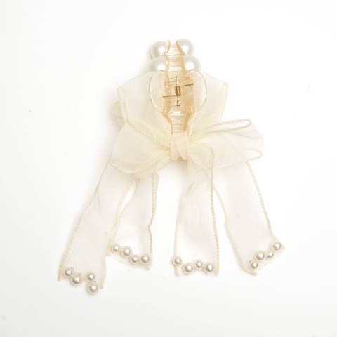 チュールリボンパールクリップヘアアクセサリー(ホワイト-フリーサイズ)