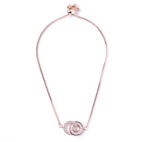 ダブルリングビジューブレスレット(ピンクゴールド-フリーサイズ)