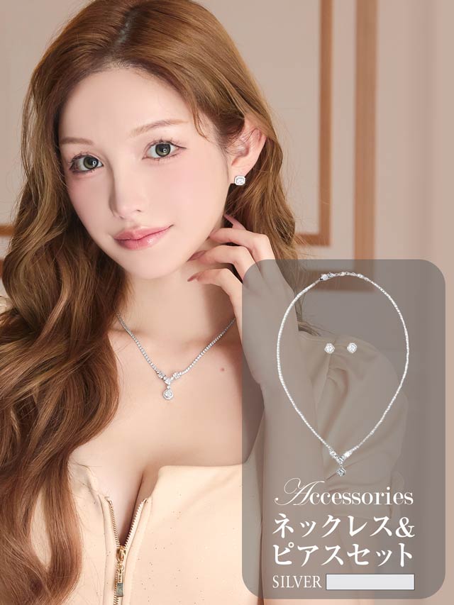12/12新作![2点SET]スクエアカットビジューネックレス＆ピアスセット[店内アクセ]