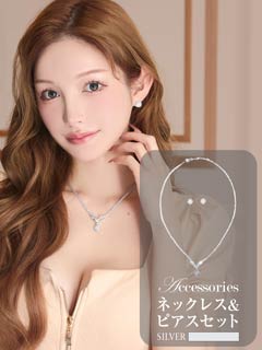 12/12新作![2点SET]スクエアカットビジューネックレス＆ピアスセット[店内アクセ]