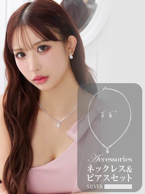 11/25新作![2点SET]オーバルカットビジューネックレス＆ピアスセット[店内アクセ]