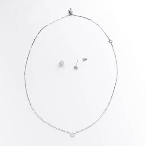 8/6新作![2点SET]エレガントシルバーストーンラインネックレス＆ピアスセット(シルバー-フリーサイズ)