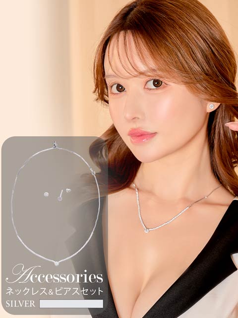 8/6新作![2点SET]エレガントシルバーストーンラインネックレス＆ピアスセット