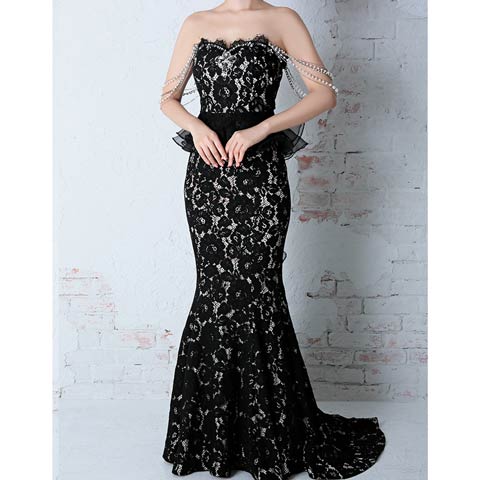 3/12新作![Andy]ビジューフラワーレースペプラムフリルベアマーメイドロング丈キャバドレス[AN-OK2053](レッド-Sサイズ)