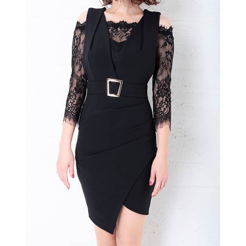 3/12新作![Andy]オフショルレースバックリボンベルトモチーフ七分袖タイトミニ丈キャバドレス[AN-OK2089](ブラック-Sサイズ)