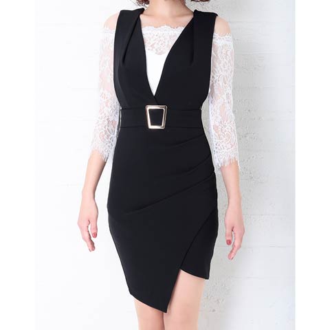 3/12新作![Andy]オフショルレースバックリボンベルトモチーフ七分袖タイトミニ丈キャバドレス[AN-OK2089](ホワイト×ブラック-Sサイズ)