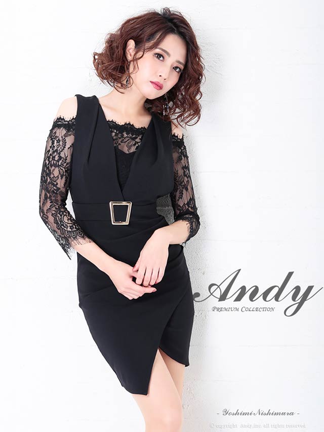 3/12新作![Andy]オフショルレースバックリボンベルトモチーフ七分袖タイトミニ丈キャバドレス[AN-OK2089]