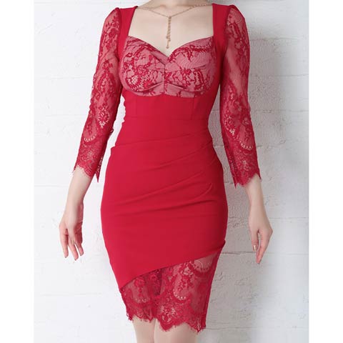 9/29新作!【ポイント20倍】[Andy]ドッキングレースバックリボンタイトミニ丈キャバドレス[AN-OK2266](レッドXベージュ-Sサイズ)