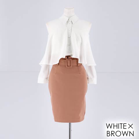 [2ピース]襟付きオフショルタイトスカート[カジュアル/dazzy closet](ホワイトXブラウン-Sサイズ)