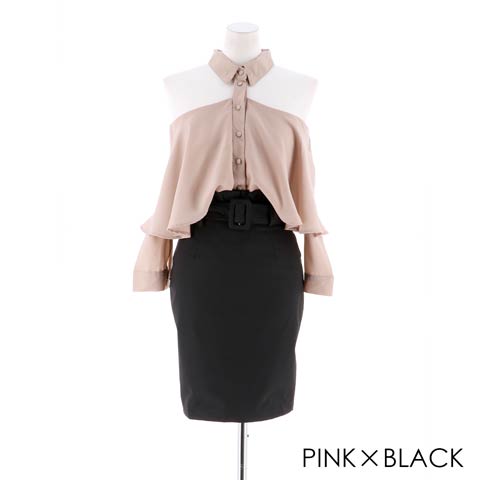 [2ピース]襟付きオフショルタイトスカート[カジュアル/dazzy closet](ピンクXブラック-Sサイズ)