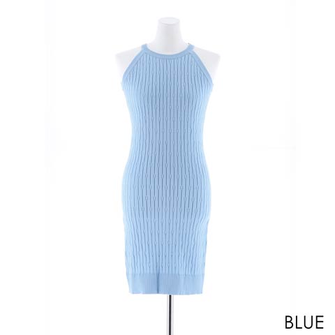 [SMLサイズ]アメスリワンカラータイト膝丈ドレス[3サイズ展開][カジュアル/dazzy closet](ブルー-Sサイズ)