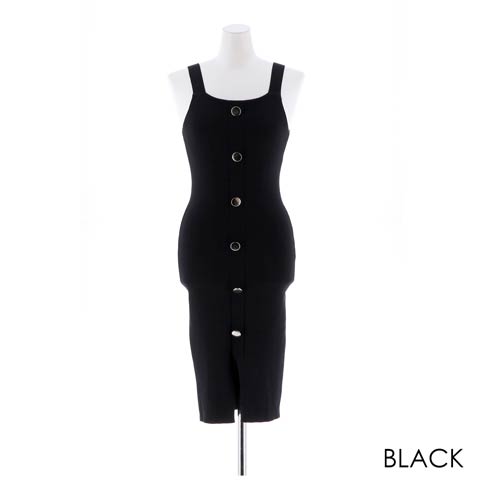 シルバーボタン付き膝丈ドレス[カジュアル/dazzy closet](ブラック-フリーサイズ)