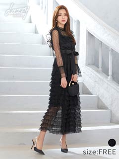 ドットチュールシアーレースフリルロングワンピース