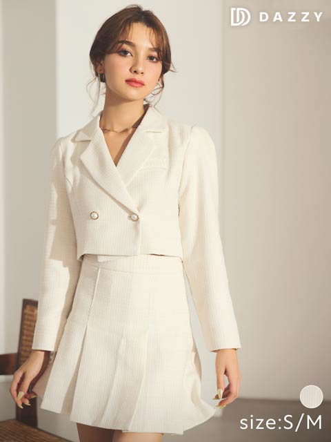 [SMLサイズ]ショート丈パールボタンジャケット＆プリーツミニスカートセットアップ[3サイズ展開]