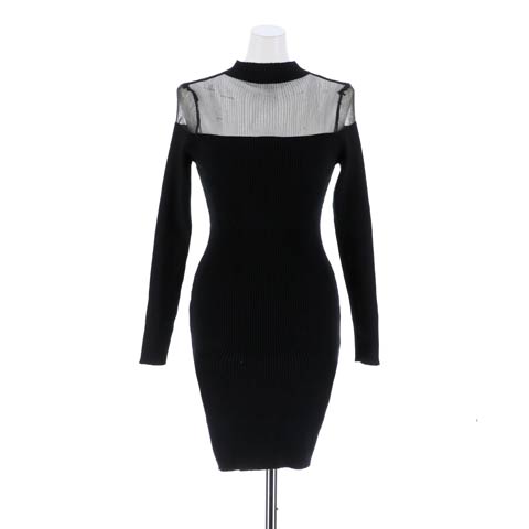 ハイネックデコルテシアー長袖ニットワンピース[カジュアル/dazzy closet](ブラック-フリーサイズ)