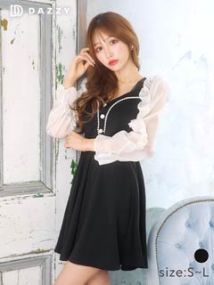 [SMLサイズ]パールボタンシフォンスリーブミニワンピース[3サイズ展開][カジュアル/dazzy closet]
