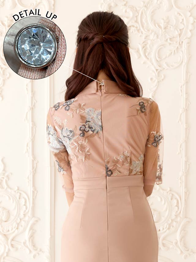 10/13新作!襟付きネックリボンフラワー刺繍シアー五分袖