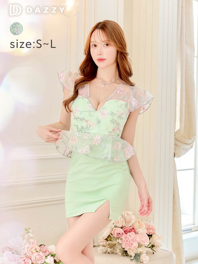 dazzystore パールフラワー総レースフロントジップタイトミニドレス 7/10再入荷!パールフラワー総レースフロントジップタイトミニ