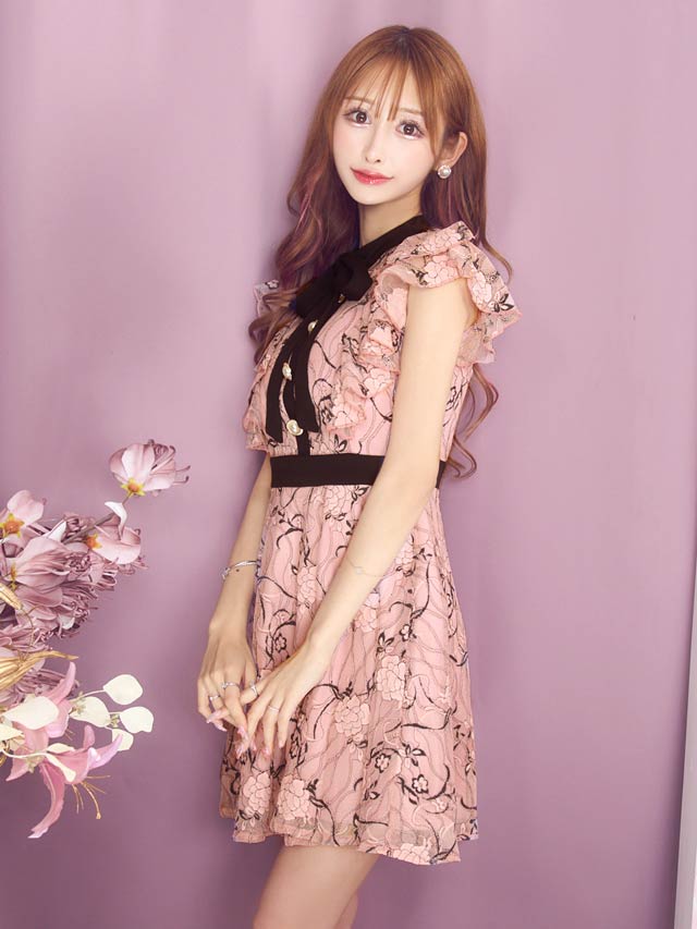 ピンクフラワーパターンボディコンドレス XS-Lサイズあり【SETTAN/セッタン】フリル/ フラワープリント