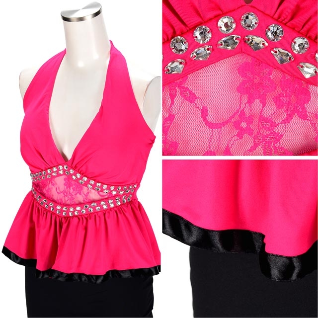 ≪緊急SALE!!≫バイカラーレースビジューホルターストレッチぺプラム ≪緊急SALE!!≫バイカラーレースビジューホルターストレッチぺプラム