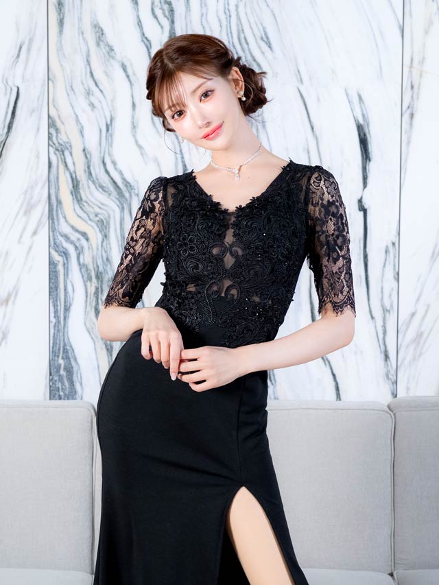 5/8再入荷!フラワー刺繍シアーレース五分袖スリットタイトロング