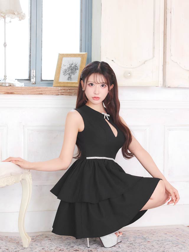 【再入荷】フリル Ａライン ドレス ミニ 7/22再入荷! ネックリボンフラワー総レースフリルAラインミニ