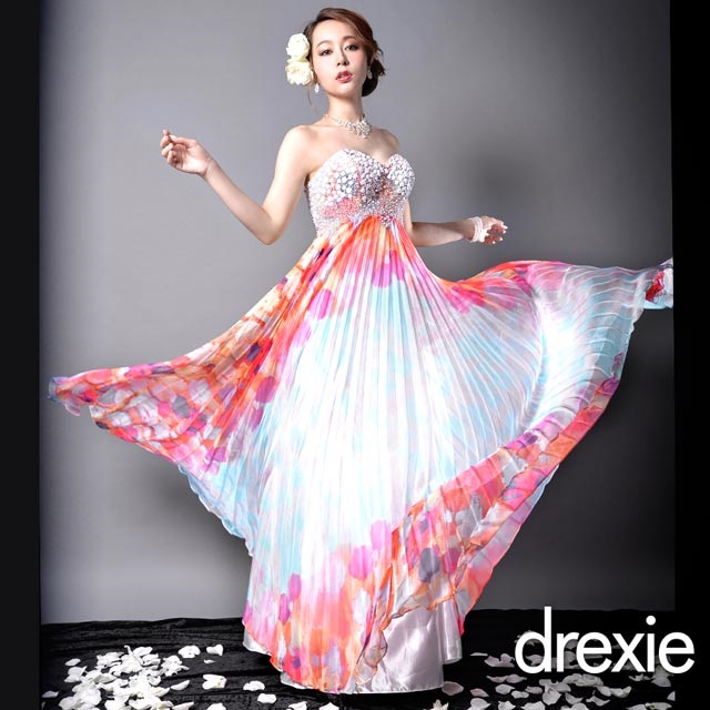 drexie]ビジュー＆ビーズ飾り付き水彩プリーツロングドレスの通販は