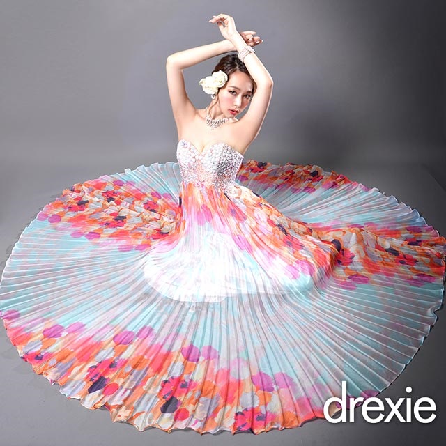 drexie]ビジュー＆ビーズ飾り付き水彩プリーツロングドレスの通販は