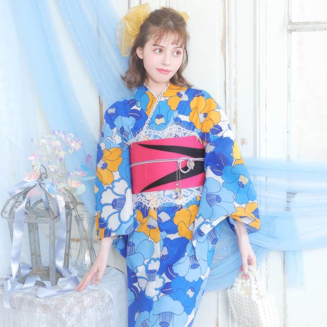 LARMEモデル加藤ナナ着用[3点SET]青色ツバキ模様浴衣【YUKATA by dazzy