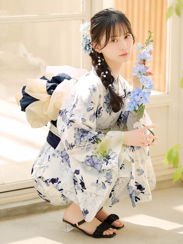 ワンピース浴衣] 青紺ガーベラ×シルエット花柄[4点SET]【YUKATA