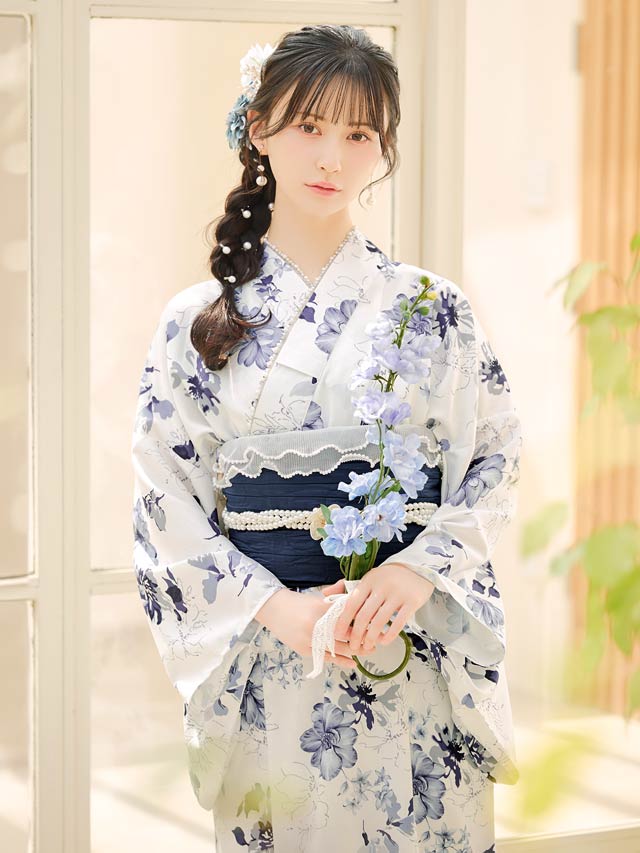 ワンピース浴衣] 青紺ガーベラ×シルエット花柄[4点SET]【YUKATA
