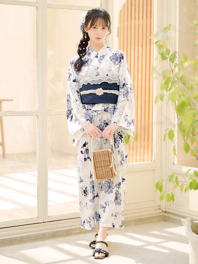 ワンピース浴衣] 青紺ガーベラ×シルエット花柄[4点SET]【YUKATA