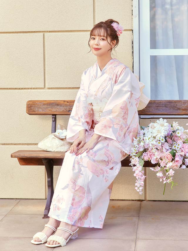 3点SET]淡桃水彩チューリップ柄浴衣【YUKATA by dazzy 2025】の