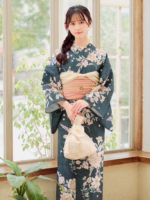2点SET]緑地×レトロ淡薔薇柄浴衣【YUKATA by dazzy 2025】の通販