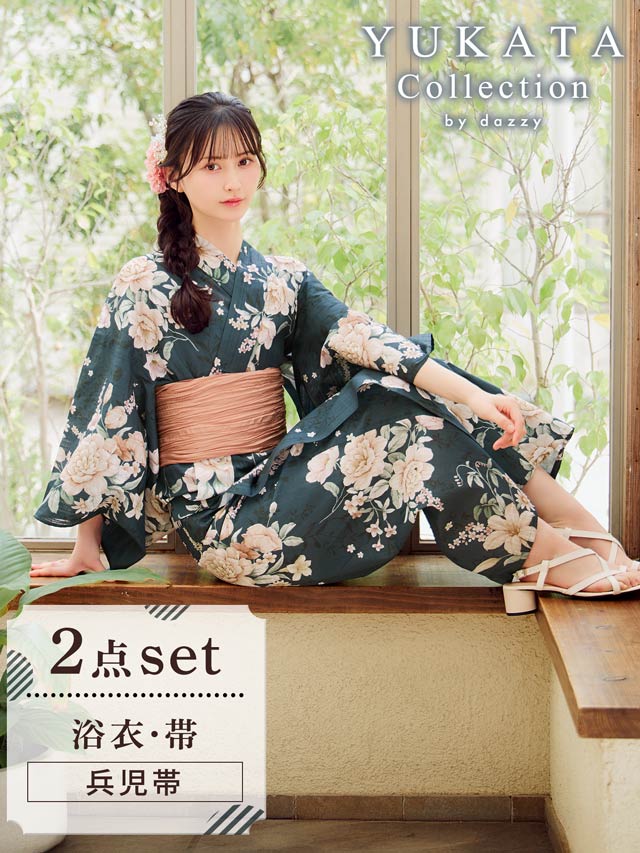 緑地×レトロ淡薔薇柄浴衣　浴衣＆帯2点セット 2点SET]緑地×レトロ淡薔薇柄浴衣【YUKATA by dazzy 2025】の通販