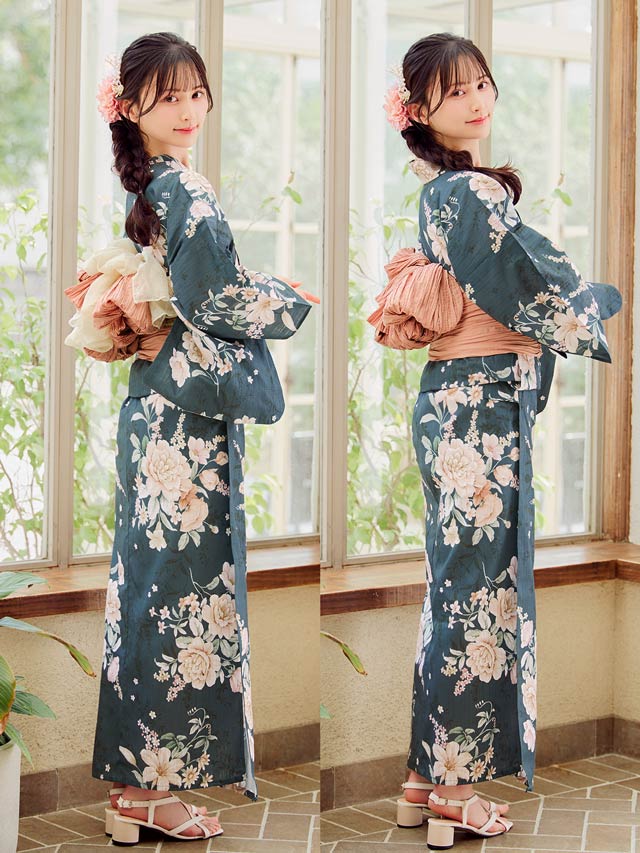 2点SET]緑地×レトロ淡薔薇柄浴衣【YUKATA by dazzy 2025】の通販
