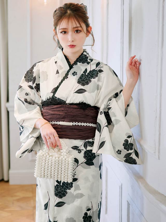 セパレート浴衣] モノトーン牡丹柄浴衣[4点SET]【YUKATA by