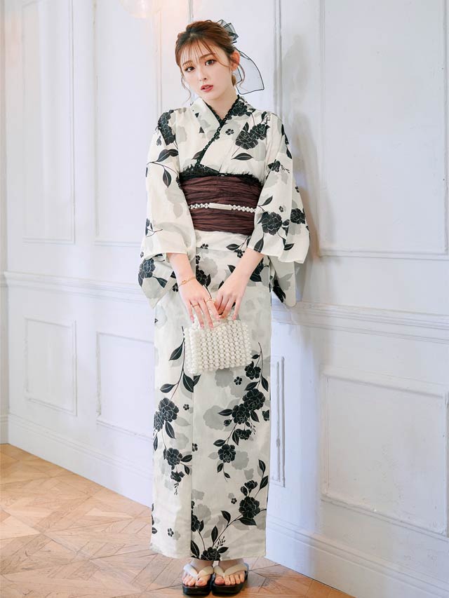 セパレート浴衣] モノトーン牡丹柄浴衣[4点SET]【YUKATA by
