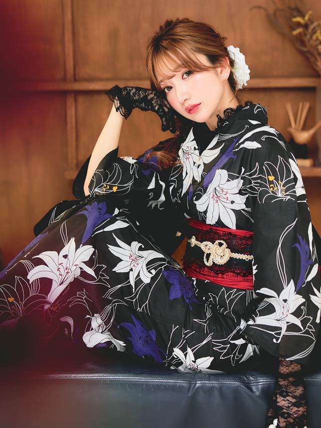 セパレート浴衣] 黒地×百合柄浴衣[4点SET]【YUKATA by dazzy